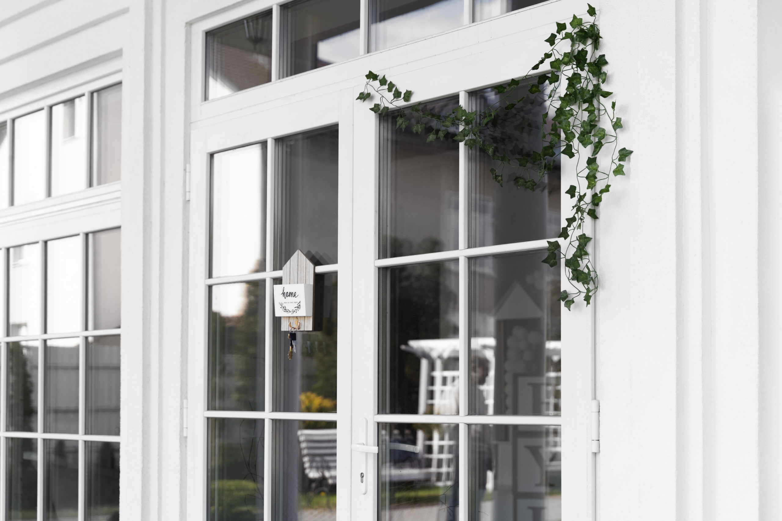 Front door adorned with plant, representing the importance of choosing the best door and window designs for a home.