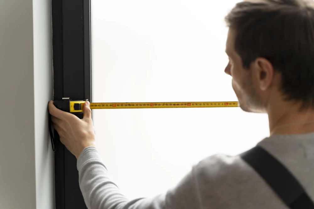 A door and window installation worker performing a specialized service