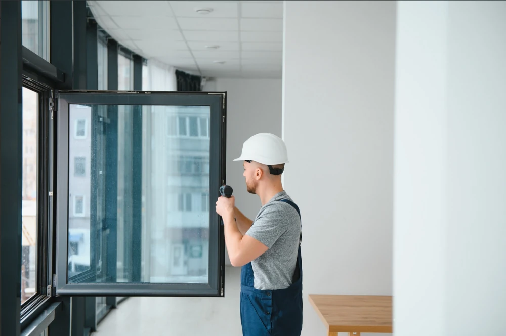 Workman wearing overalls installing and adjusting windows in a living room, representing the importance of partnering with the right construction subcontractors