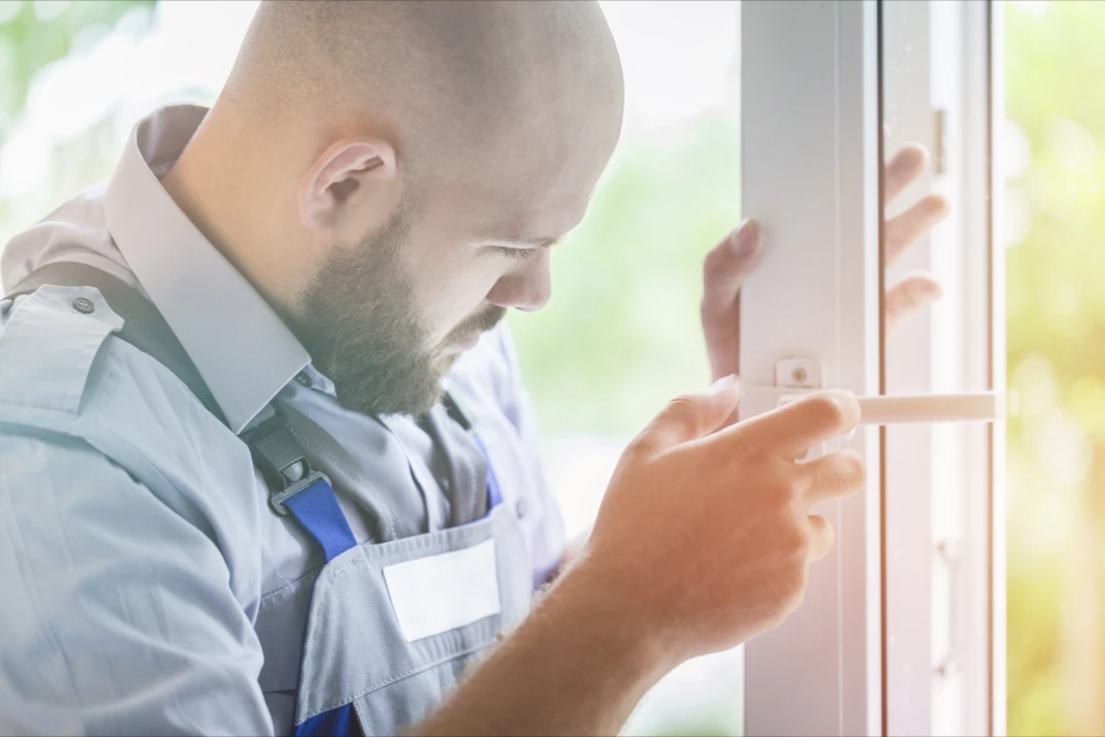 A worker installing doors and windows, showing the importance of choosing a service with a warranty.