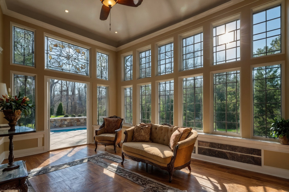 Living room with a couch and sunlight shining through a window, representing the importance of the installation of door and window.