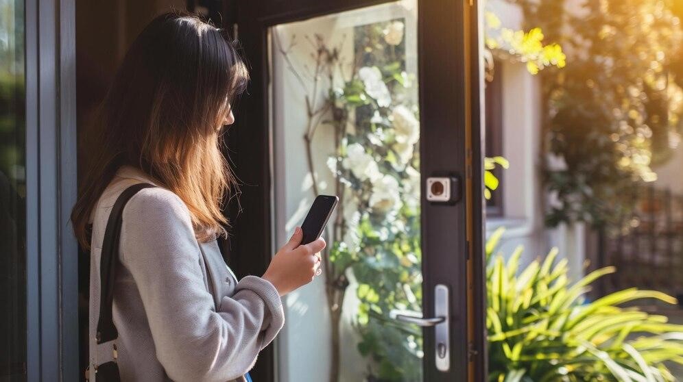 A woman standing next to a smart door, using her cell phone to open it. This functionality is only possible with the integration of technologies in the installation of the door.