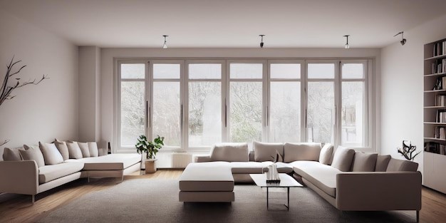 Image of an elegant living room with minimalist furniture, focusing on the quality of the installation of doors and windows.