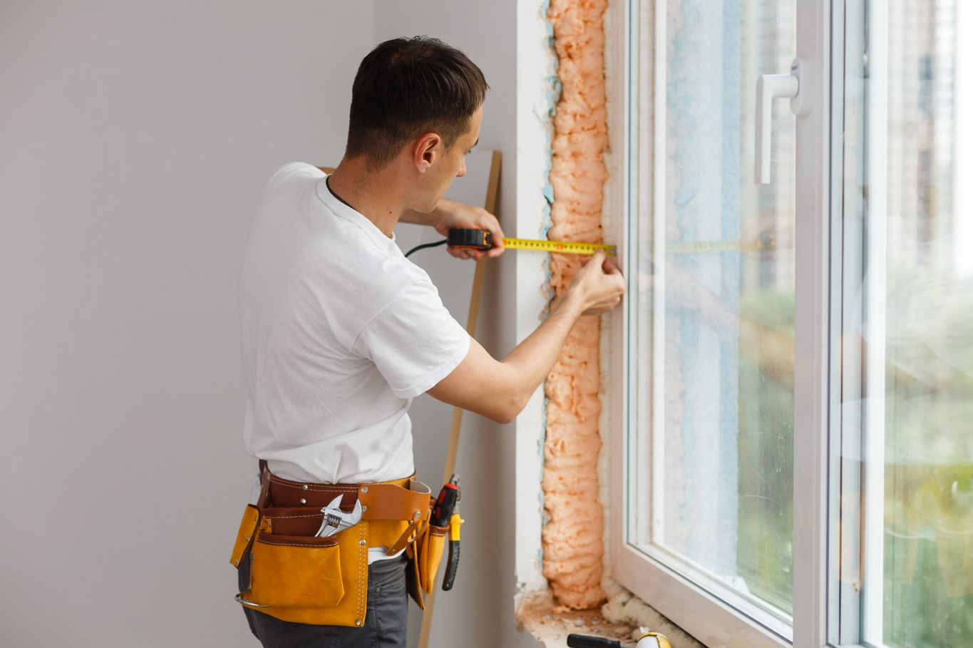 A man in a white shirt replacing windows in a house