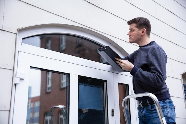 A worker examining the edge of a closed door, highlighting the importance of offering preventive maintenance plans for door and window services.