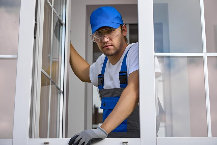 Professional installer holding the window with one hand and looking at the camera, emphasizing the importance of avoiding window and door installation mistakes.