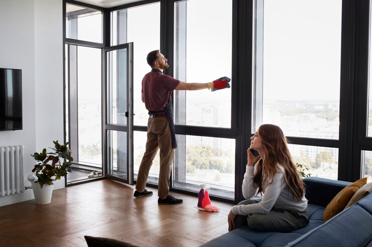 Man cleaning windows after installation, emphasizing the importance of avoiding window and door installation mistakes.