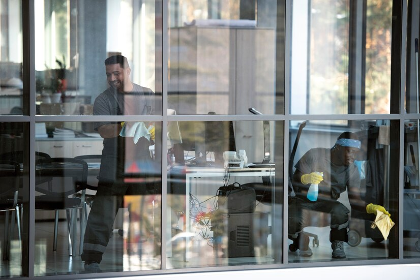 Workers cleaning soundproof office windows and doors.