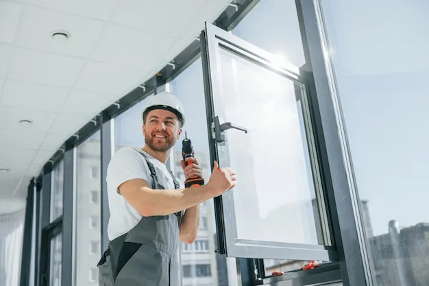 A specialist repairing a door with a drill, representing the importance of choosing a commercial window and door provider.