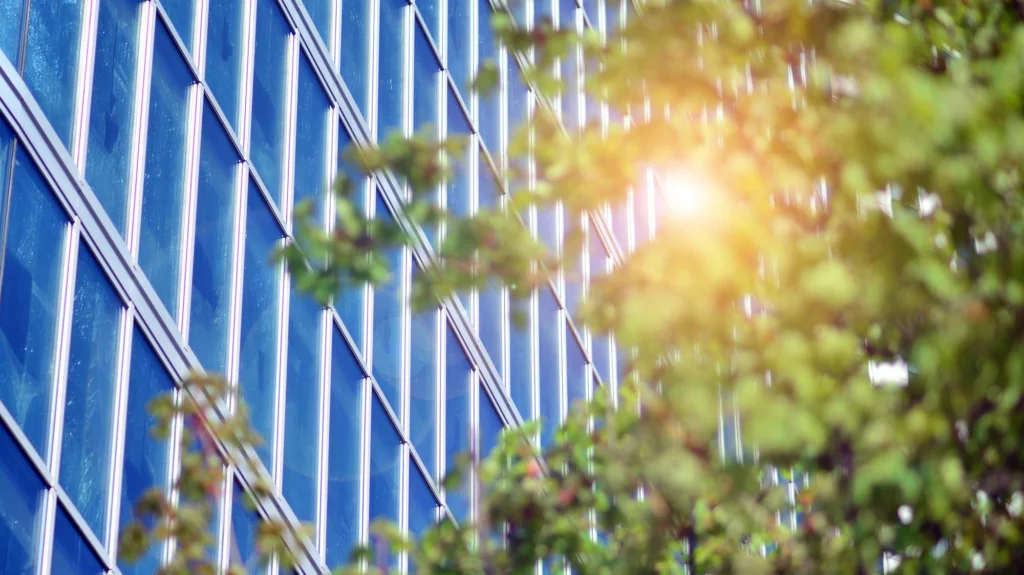 Facade of a modern house, with windows and various plants to represent the importance of choosing eco-friendly windows and doors