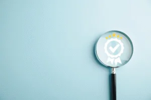 Certification icon illustrated with a magnifying glass, highlighting the importance of energy-efficient window certifications.