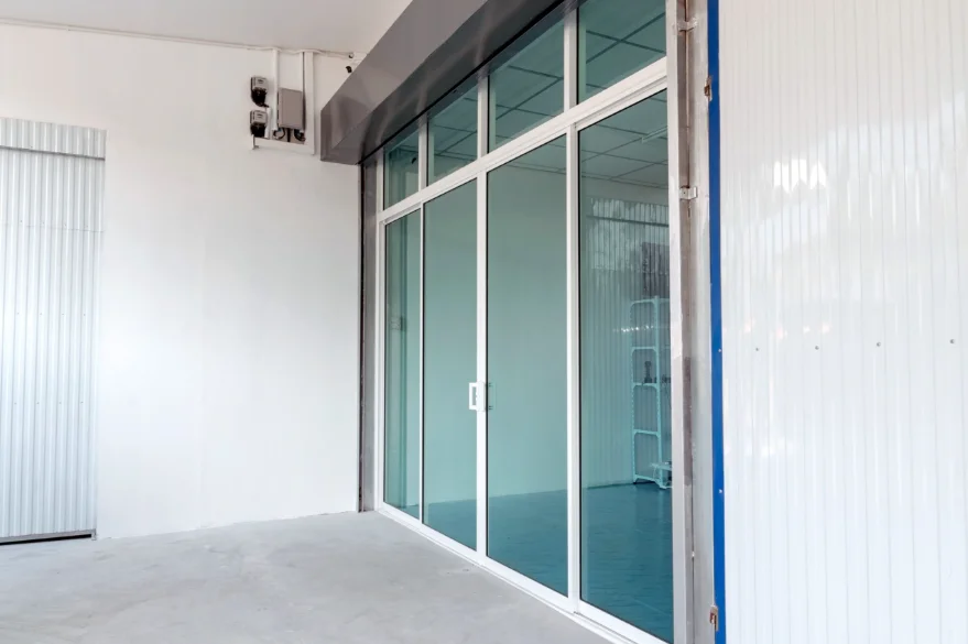 Closeup of sliding glass doors, representing ROI commercial windows and doors.