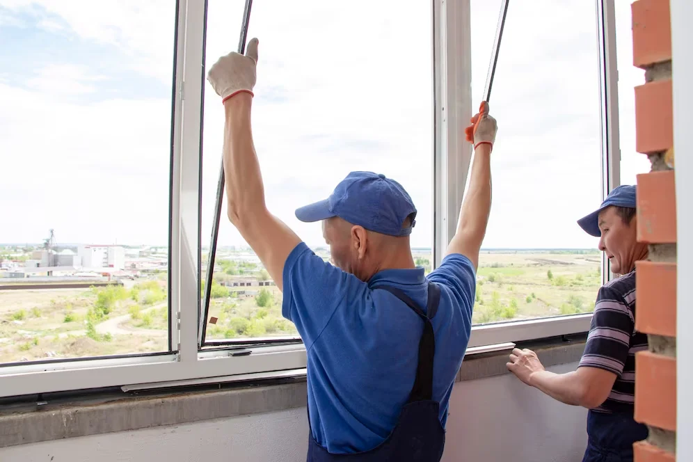 Professionals installing energy-efficient commercial windows.